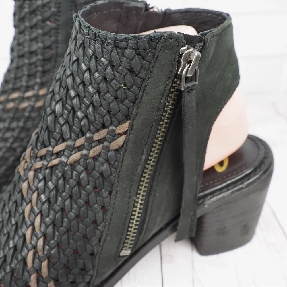 Sam Edelman Cooper 7 black woven leather peeptoe booties